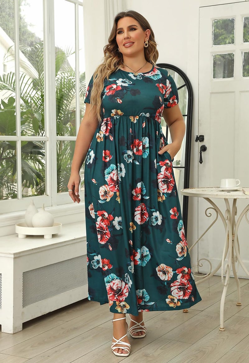 Nemidor Plus Size Maxi Dresses for Curvy Women Summer Casual Loose Short Sleeve Long Beach Dress with Pocket(149,22,Green Print) - Image 5